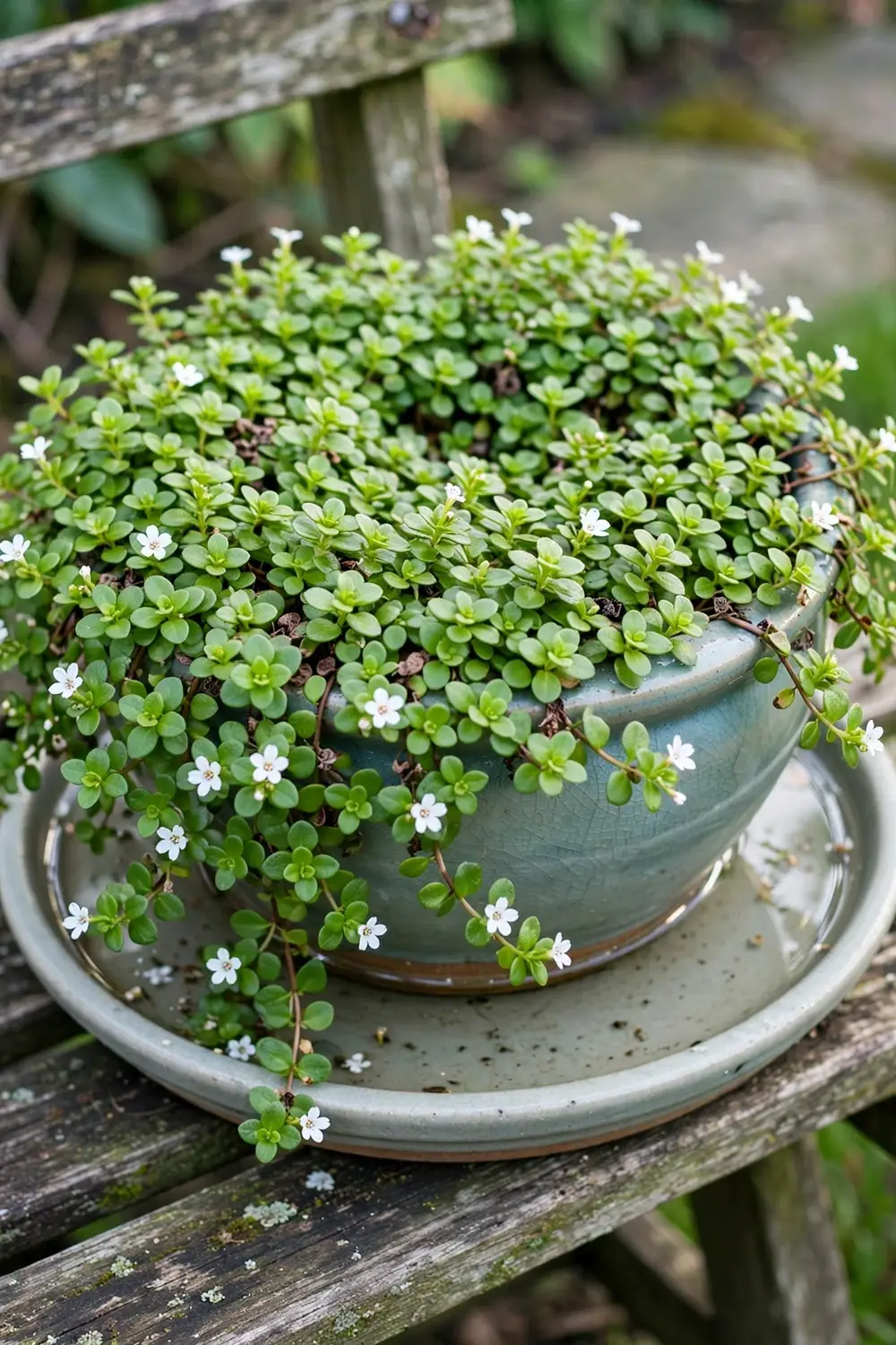 Creeping brahmi herb with small white flowers in a wide shallow glazed pot on a water-filled saucer