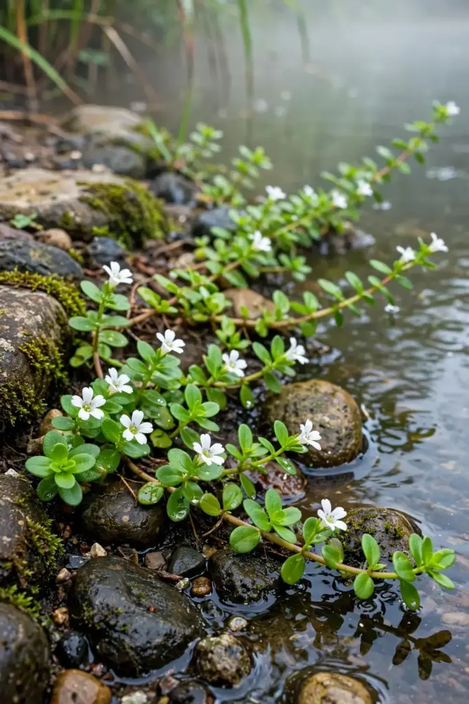 Wild brahmi creeping along a misty pond margin at the waterline