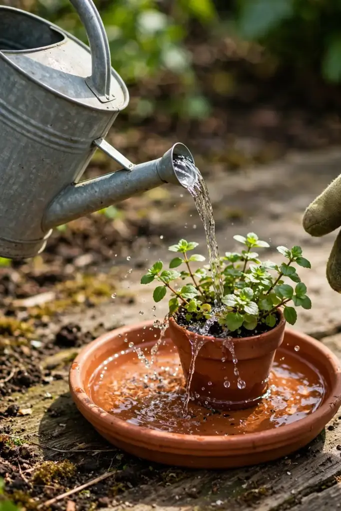 Watering can pouring water into the saucer of a potted brahmi plant