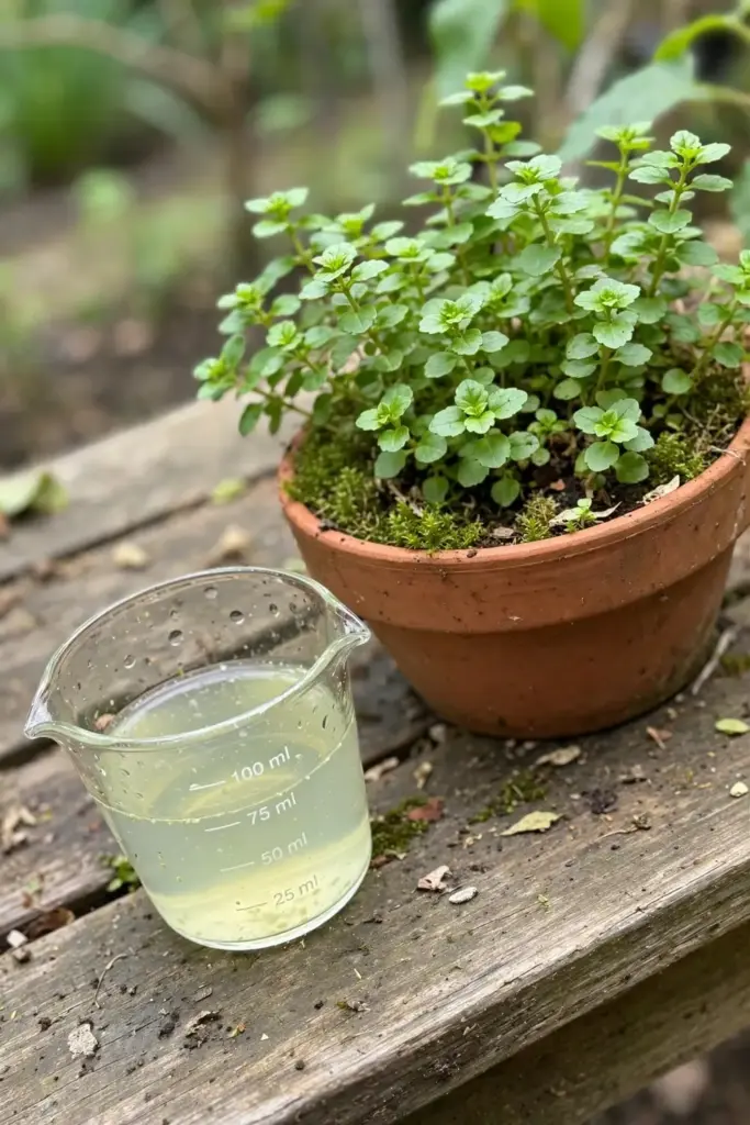 Small glass measuring cup of diluted liquid feed beside a brahmi pot