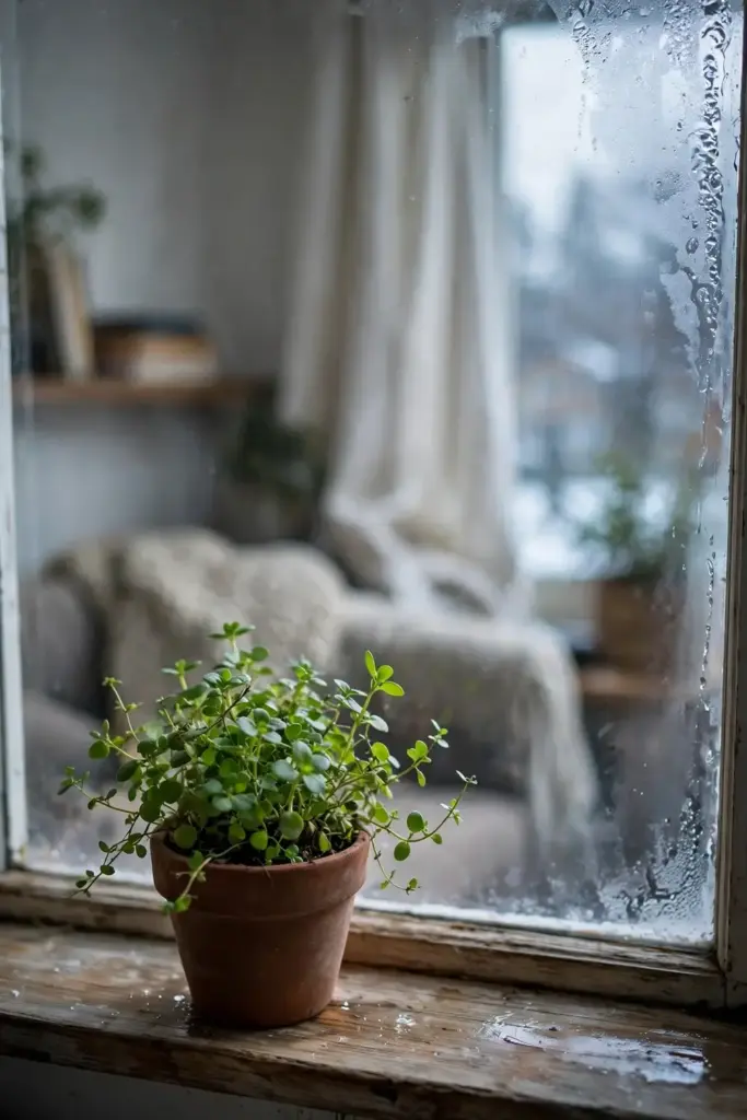 Potted brahmi on a bright indoor windowsill in winter light