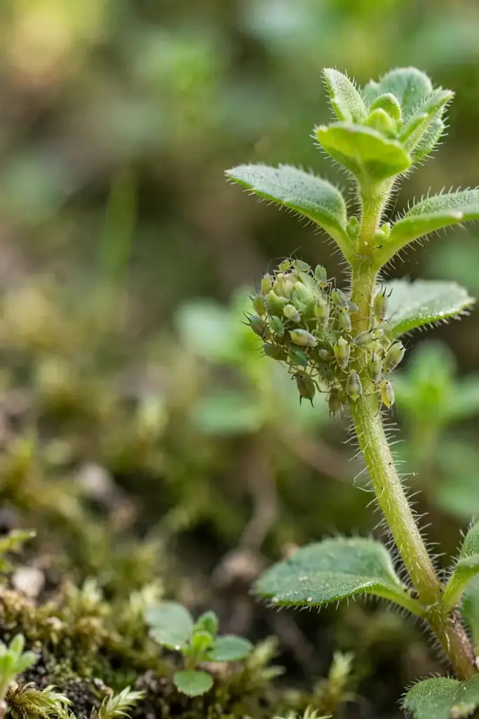 Macro of aphids clustered on a brahmi stem tip