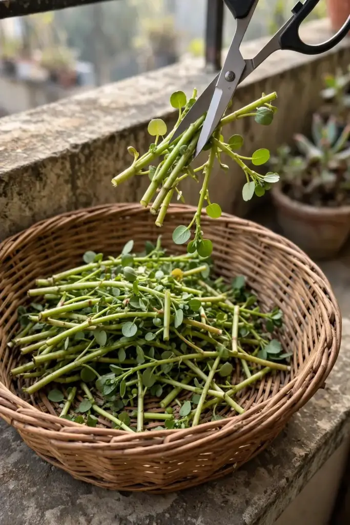Hand snipping brahmi stems with small scissors over a woven harvest basket