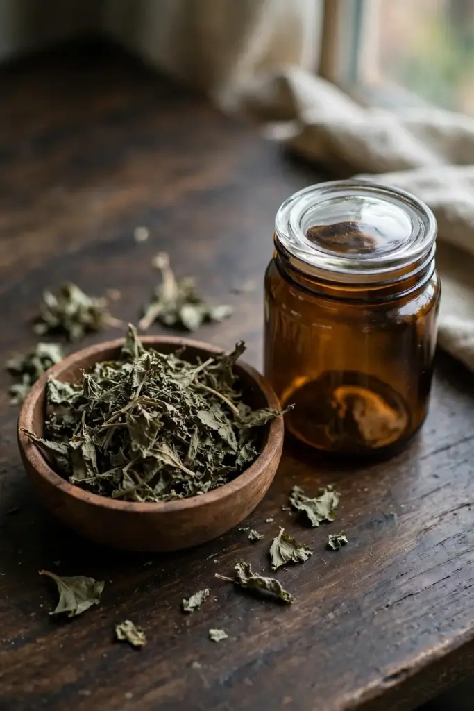 Dried brahmi leaves in a wooden bowl beside a small amber glass jar