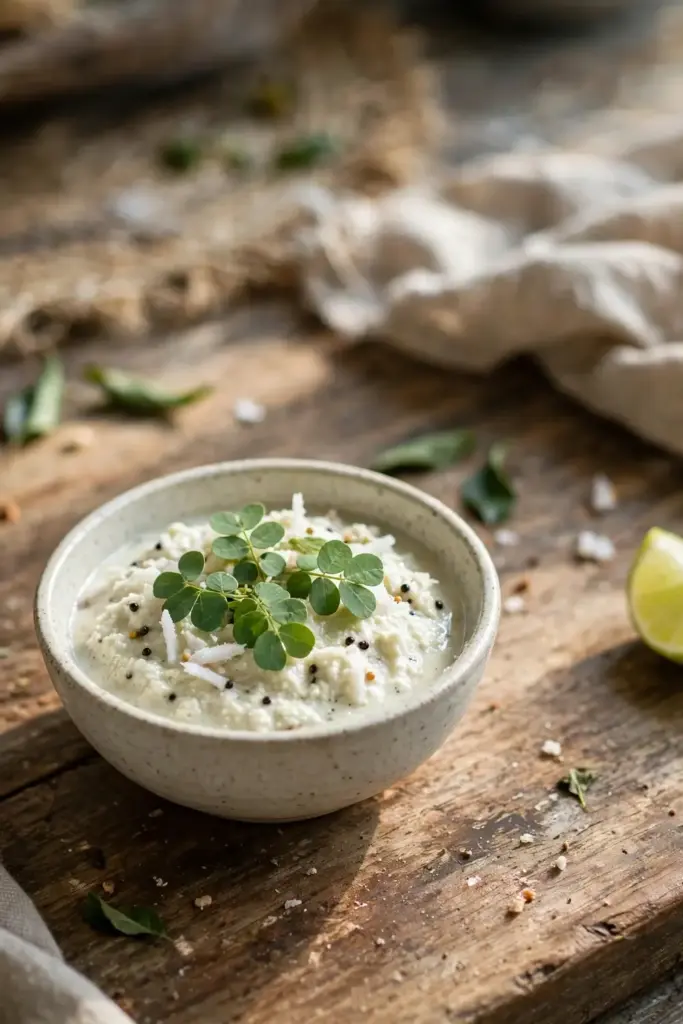 Fresh brahmi leaves in a bowl of coconut chutney