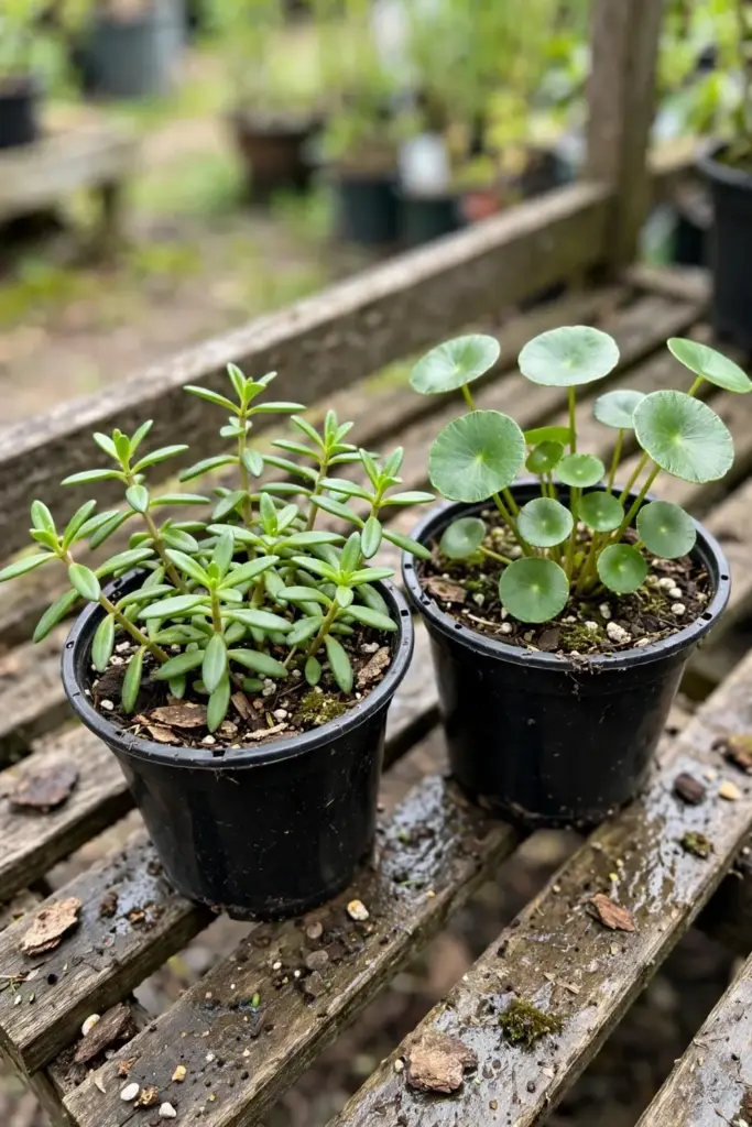 Two nursery pots side by side showing oblong brahmi leaves and round coin-shaped leaves