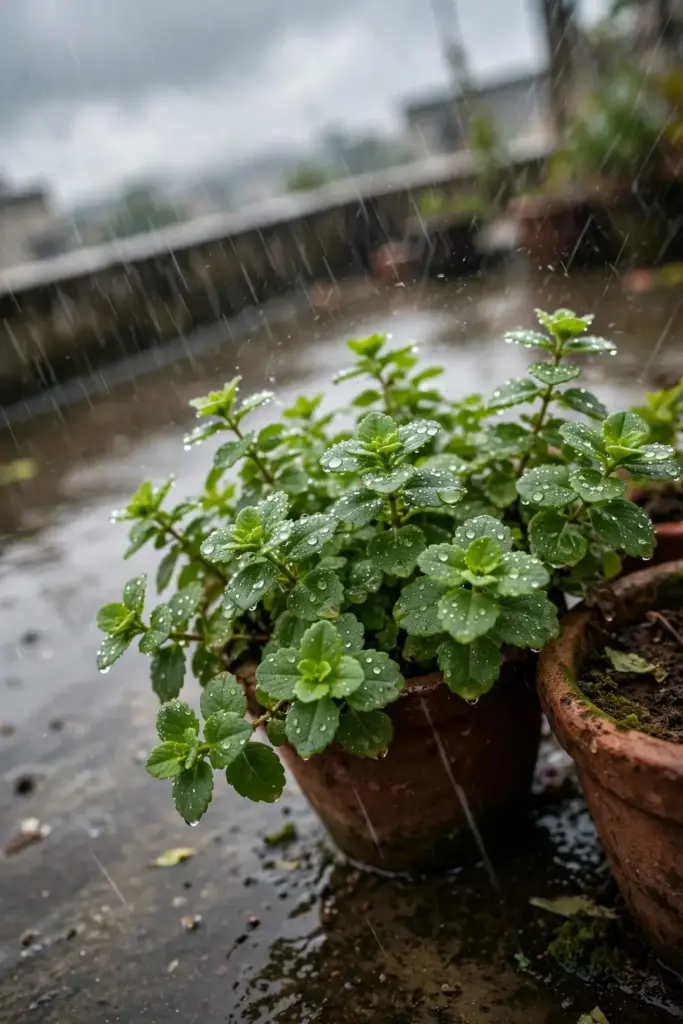 Monsoon rain droplets on brahmi leaves in outdoor pots