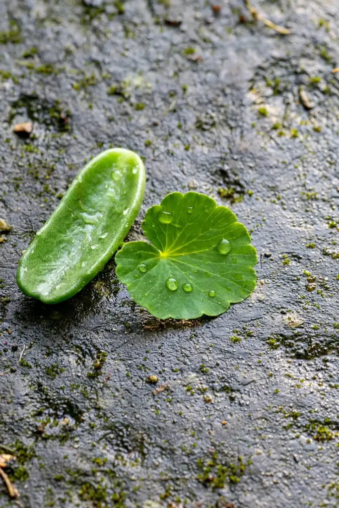 Side-by-side comparison of oblong brahmi leaves and round gotu kola leaves on damp stone