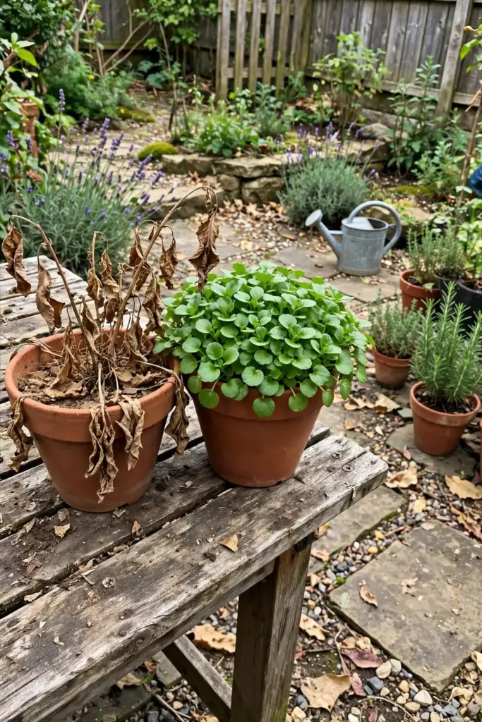 Wilted dry brahmi pot beside a healthy watered one in a contrast scene