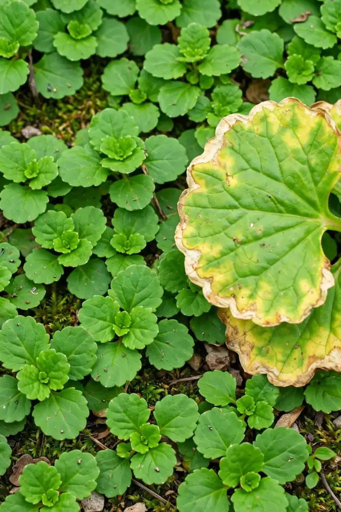 Close view of brahmi leaf edges yellowing against a healthy green mat