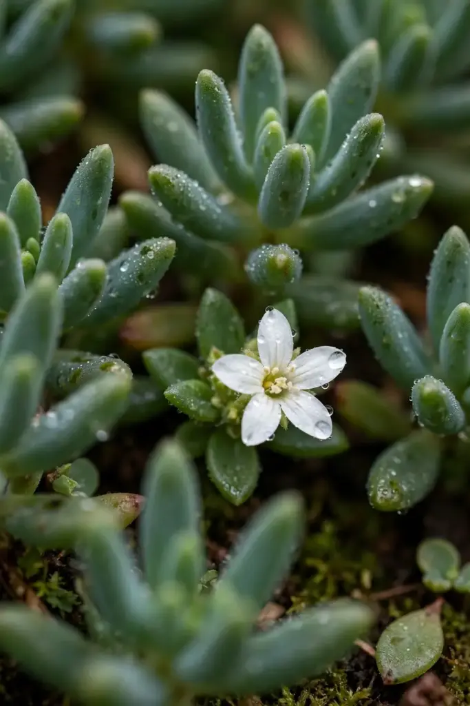 Macro of a tiny white brahmi flower among dense succulent leaves