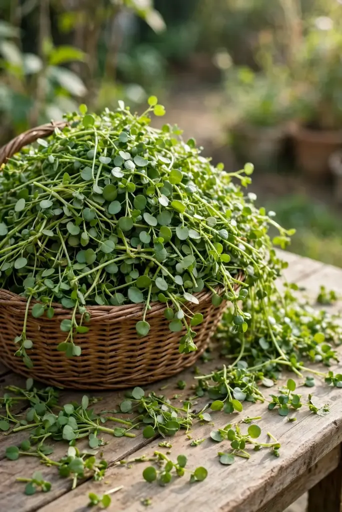 Woven basket overflowing with freshly cut brahmi stems