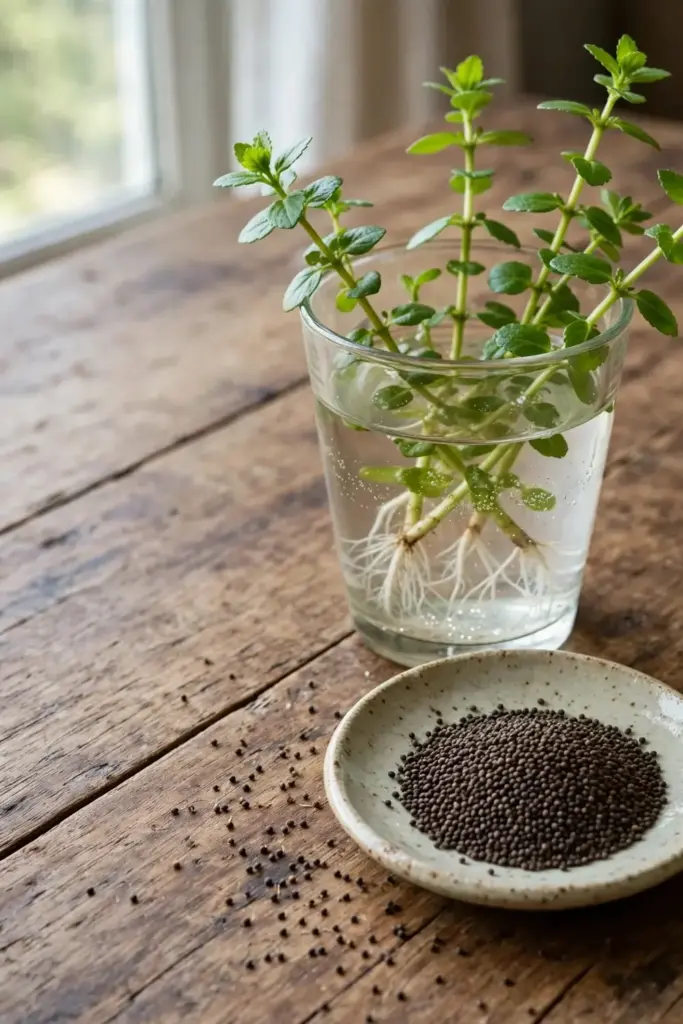 Tiny dark brahmi seeds in a ceramic dish beside stem cuttings rooting in a glass of water
