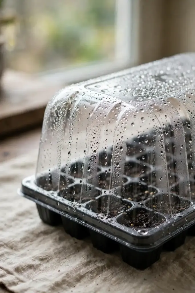 Seed tray with humidity dome covered in condensation droplets over dark seed mix
