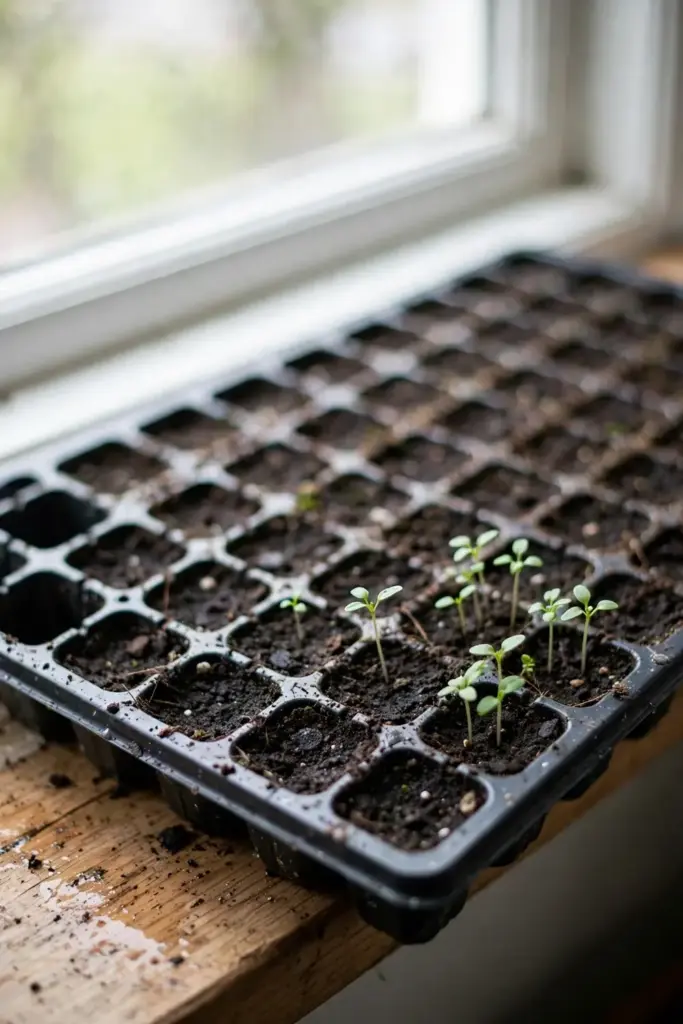 Young brahmi seedlings in a tray on a bright windowsill