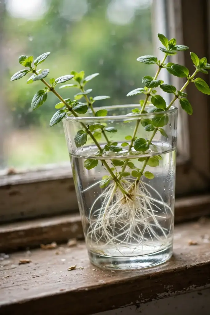 Brahmi stem cuttings rooting in a glass of water on a windowsill
