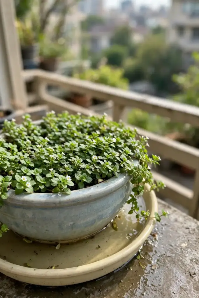 Wide shallow glazed pot of brahmi standing in a water-filled saucer on a balcony