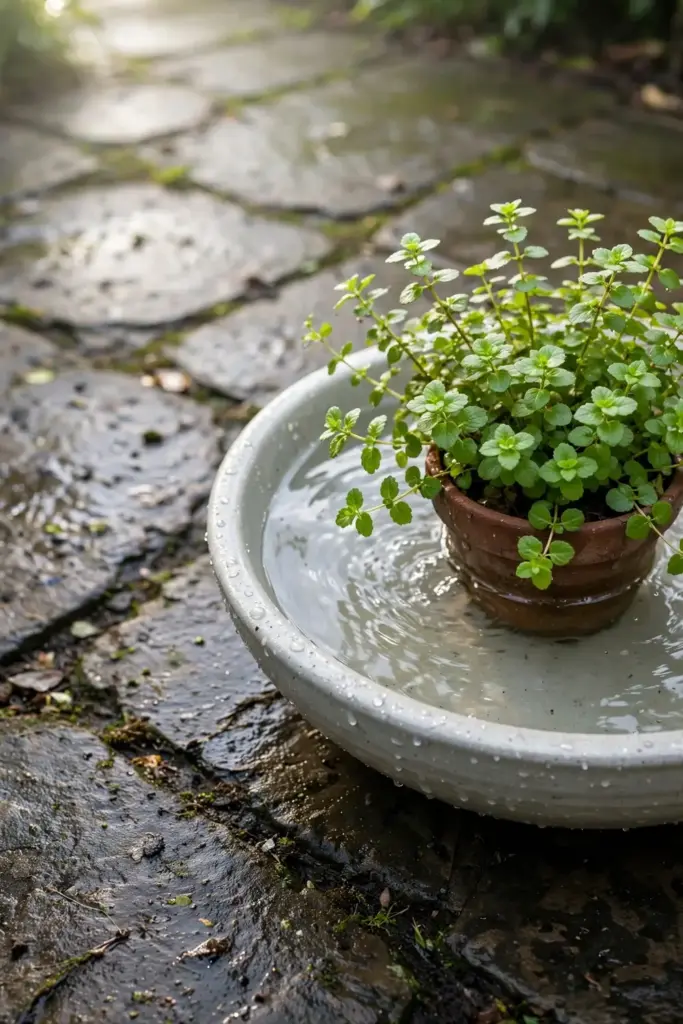Potted brahmi sitting in a shallow bowl of water with ripples