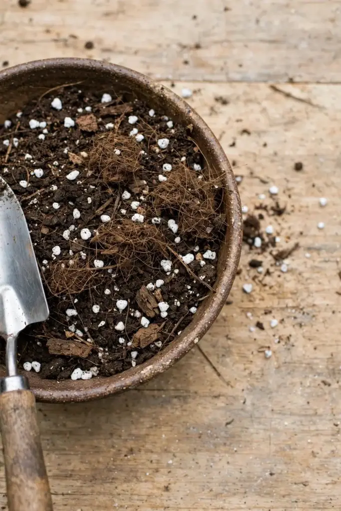 Soil mix components of loam compost cocopeat and perlite in a rustic bowl