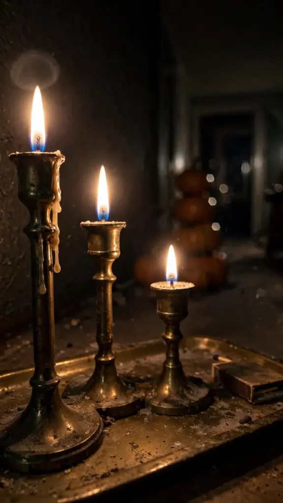 Three lit brass candlesticks of staggered heights on a console