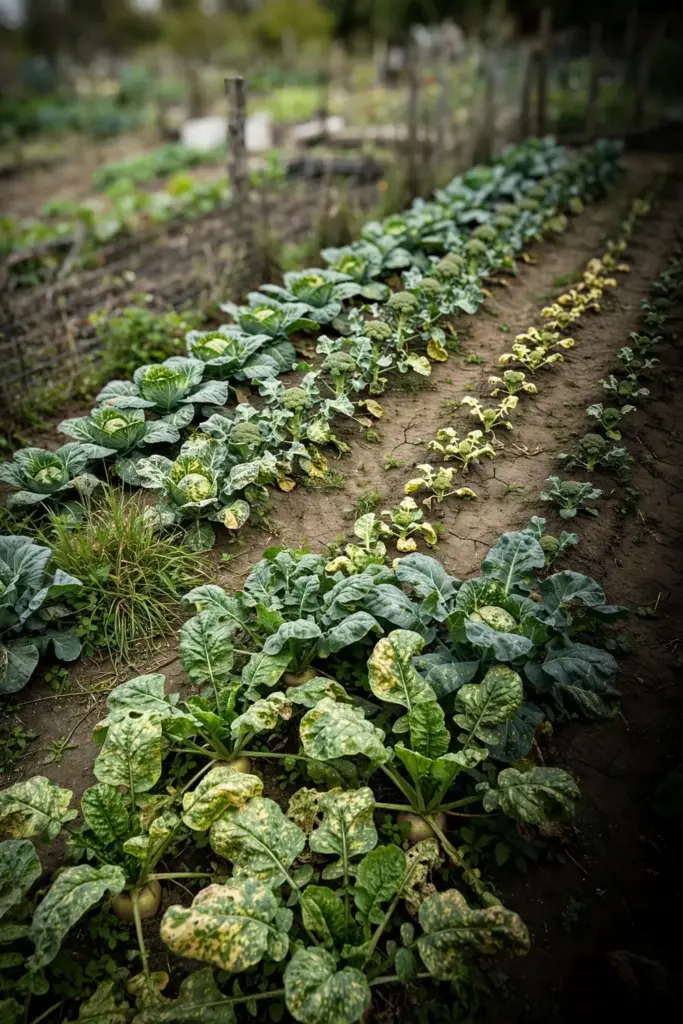Brassica bed with mosaic damage across cabbage and broccoli rows.