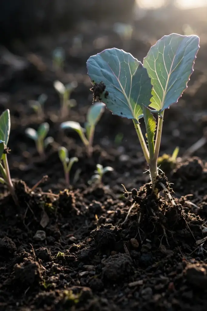 Cabbage seedlings at successive stages in dark soil