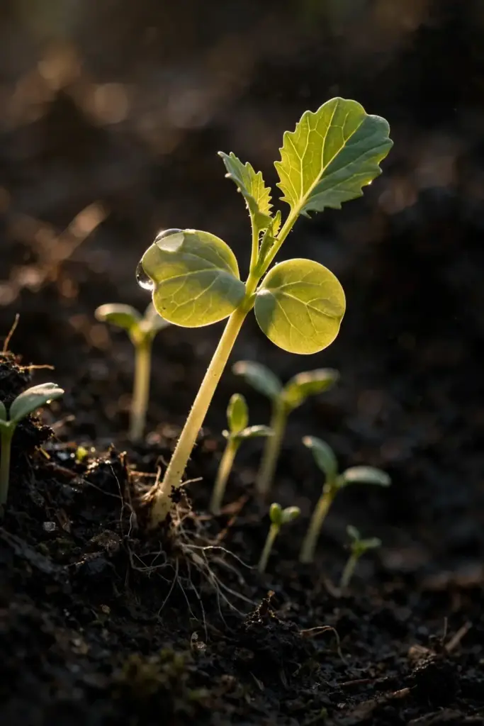 Brassica seedlings pushing through dark crumbly soil.