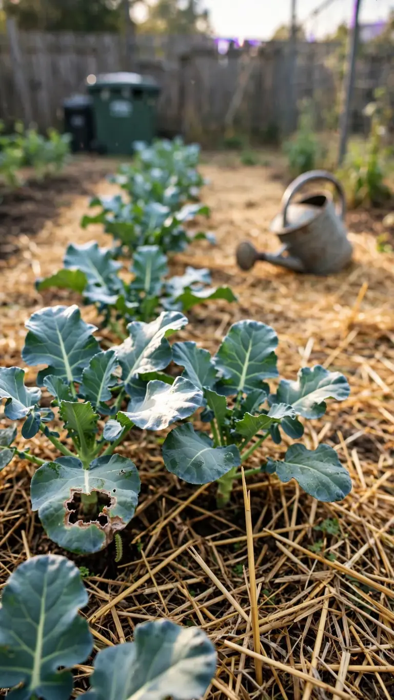 Broccoli transplants in a fall bed with straw mulch between rows