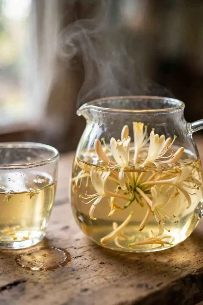 Pale gold honeysuckle tea brewing with dried flowers in a glass teapot