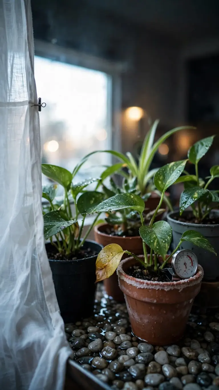 Houseplants grouped on a pebble tray in a bright window with a thermometer
