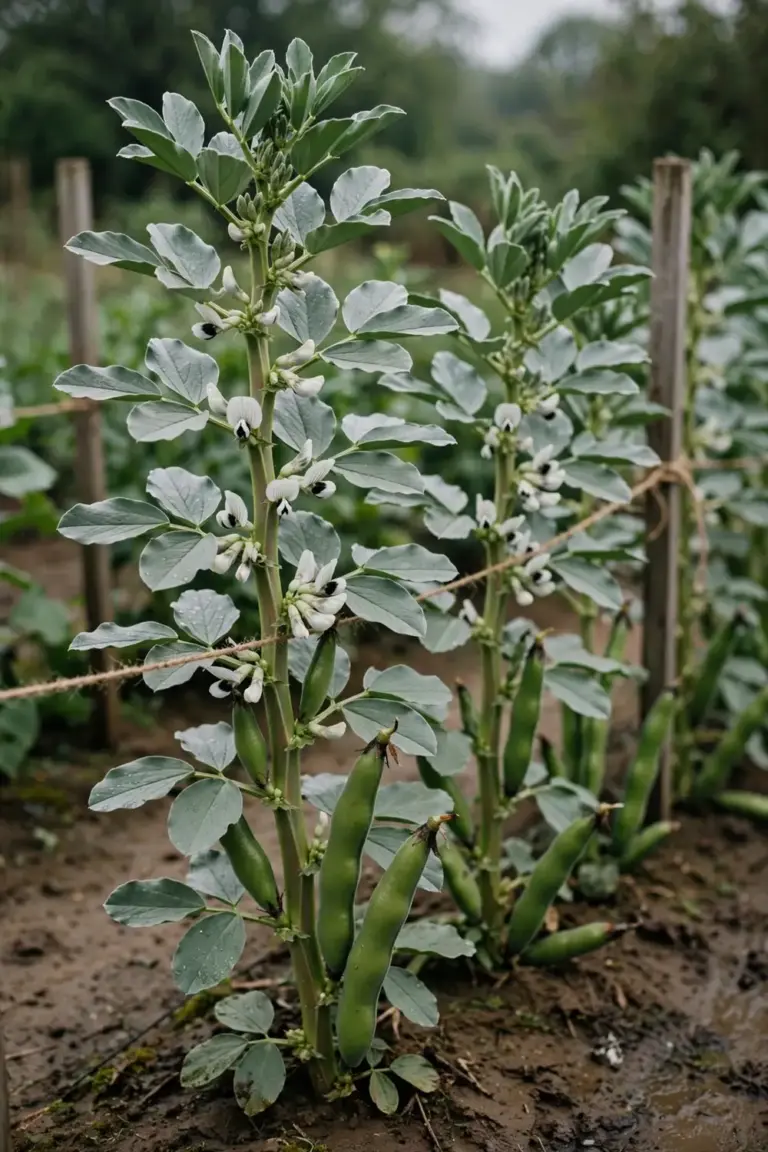 Stocky broad bean plants with white flowers and fat green pods