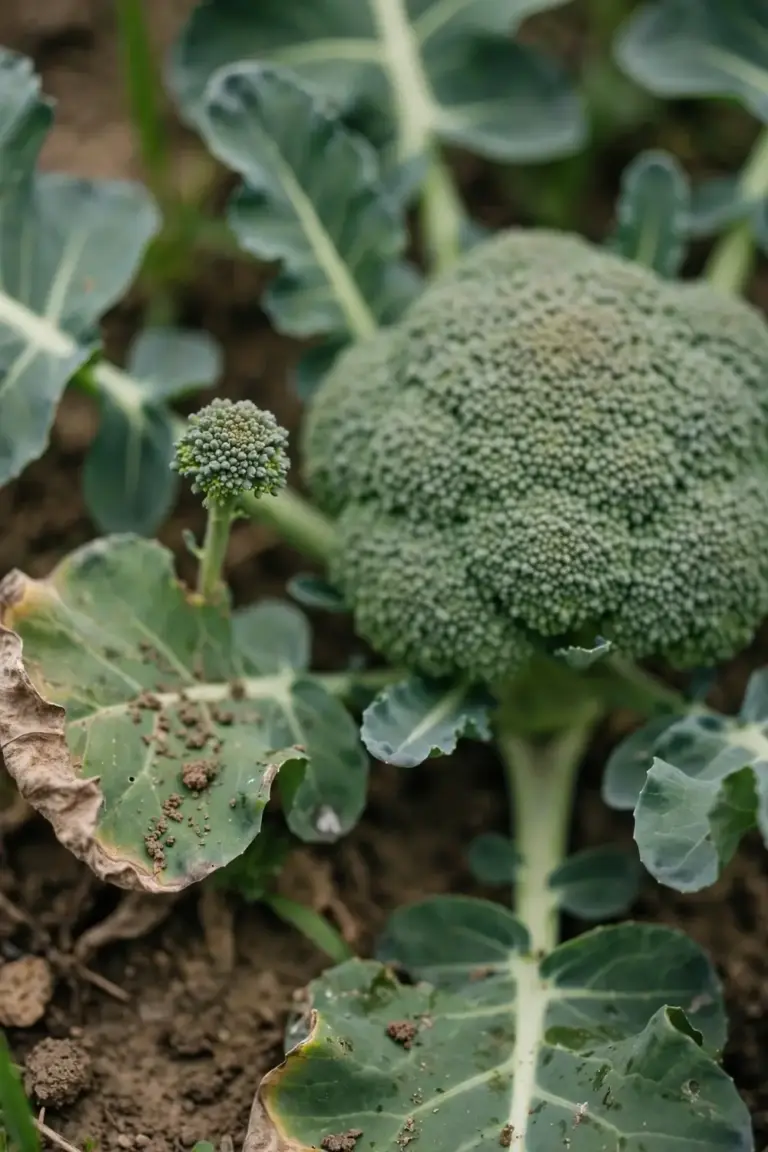 Small buttoned broccoli head beside a full healthy head on a bed