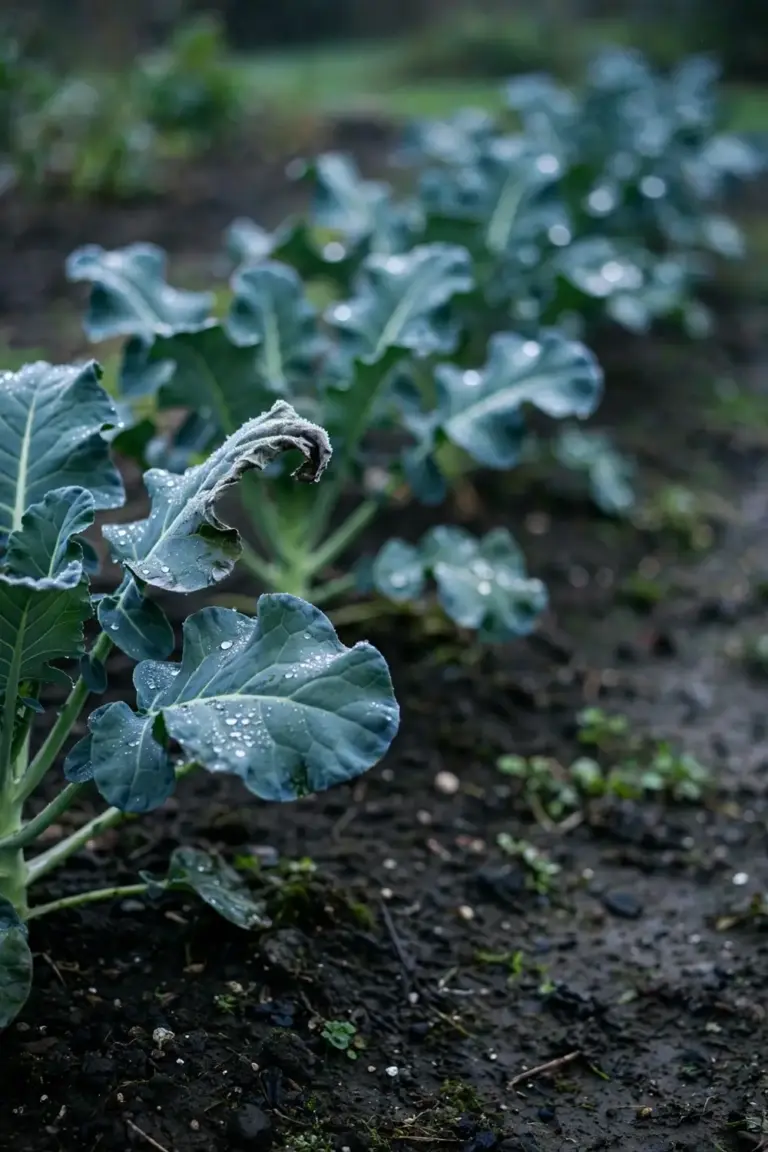 Broccoli plants in a cool morning bed with dew on broad leaves