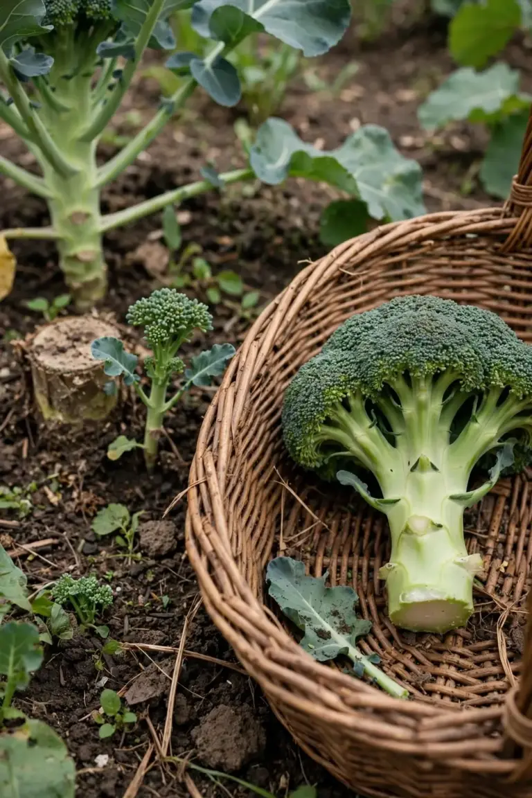 Freshly cut broccoli head with stem in a basket beside the plant