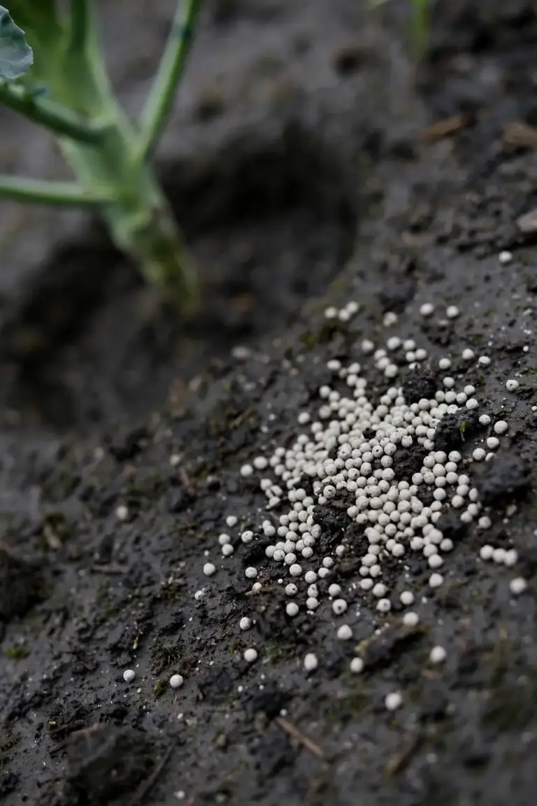 Fertilizer granules scattered on soil away from a broccoli stem