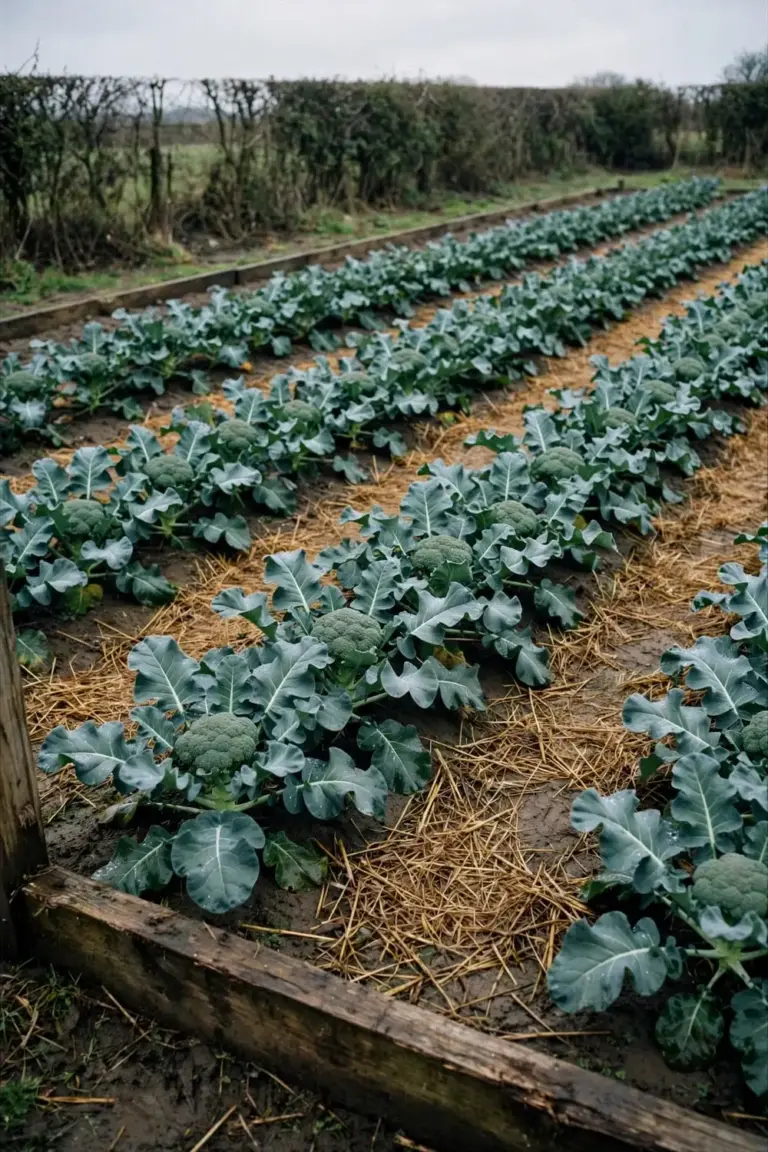 Full broccoli bed in cool weather with mulched rows