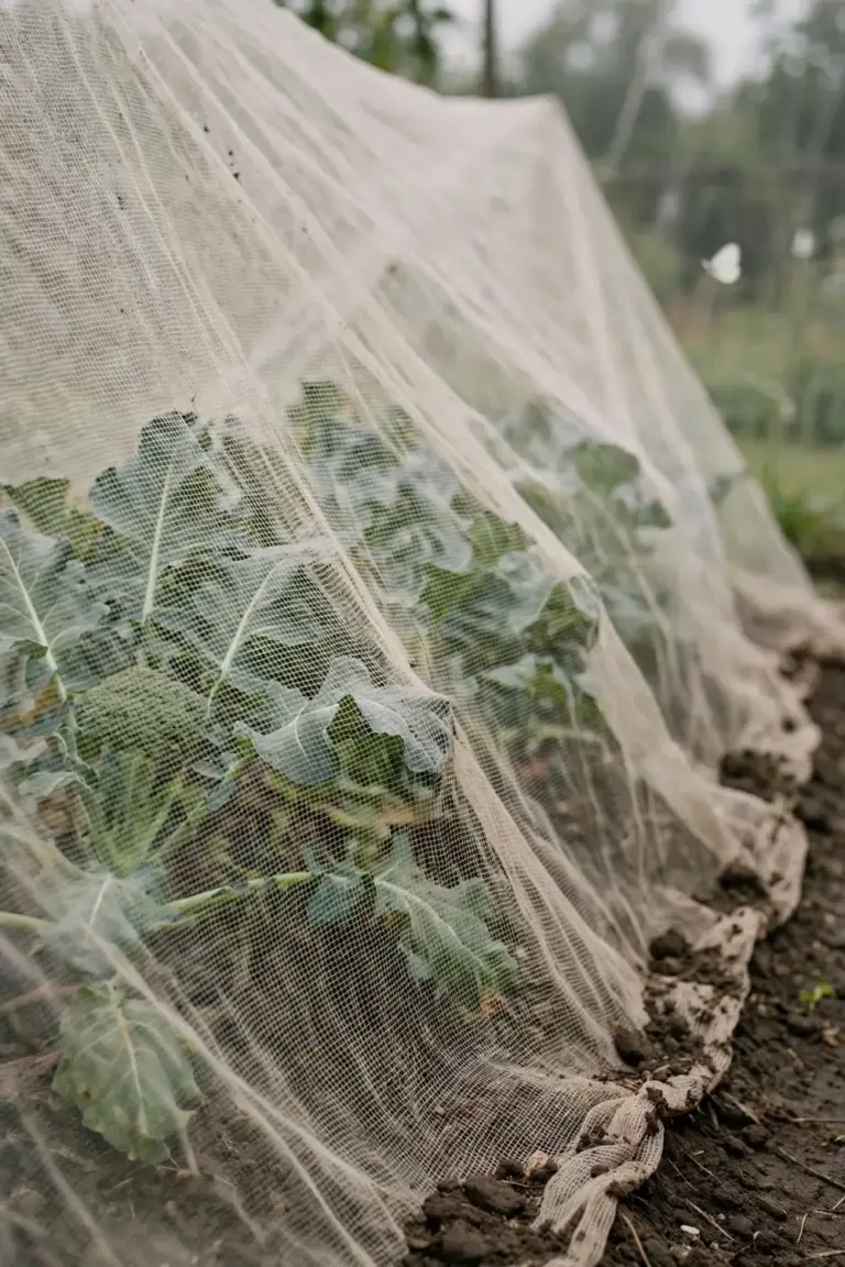 Fine mesh netting draped over a row of broccoli plants