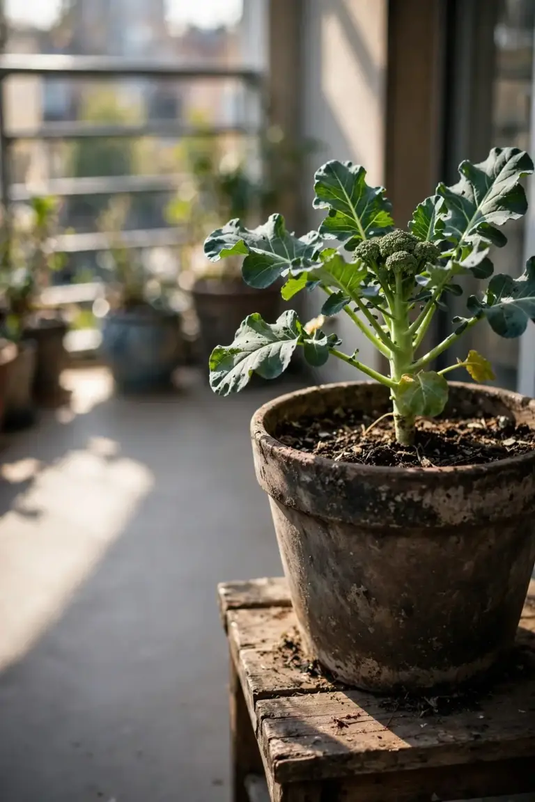 One broccoli plant in a large pot on a sunny balcony