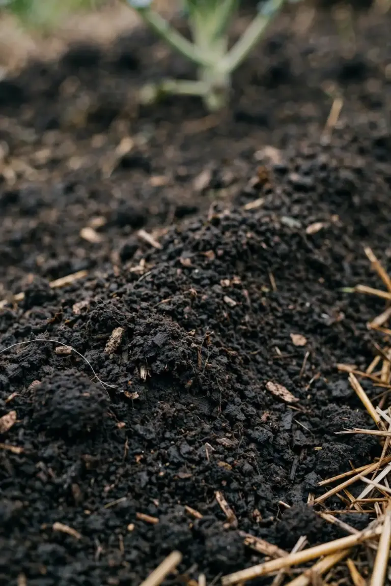 Dark compost-rich soil with crumbs and a mulch layer in a garden bed