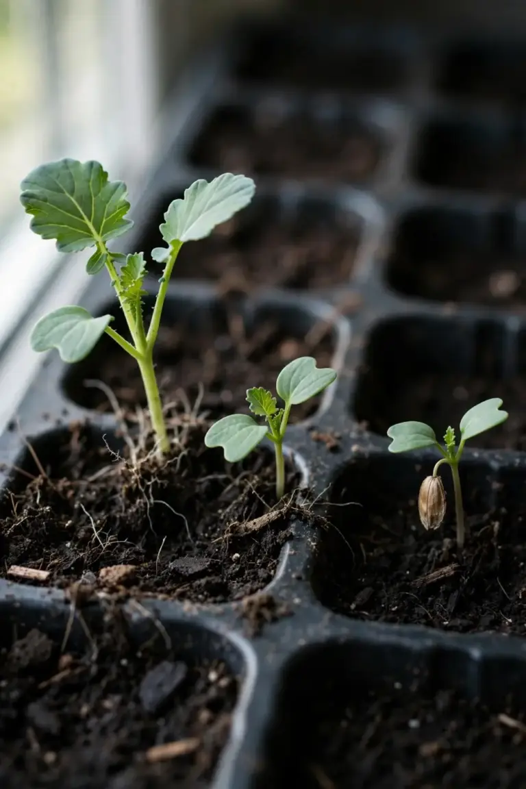 Broccoli seedlings at successive stages in a seed tray with dark mix