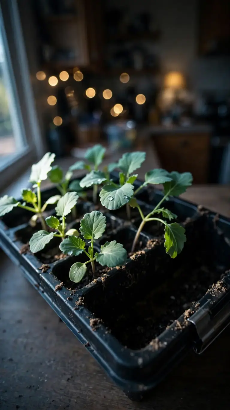 Broccoli seedlings with four true leaves growing in a cell tray indoors