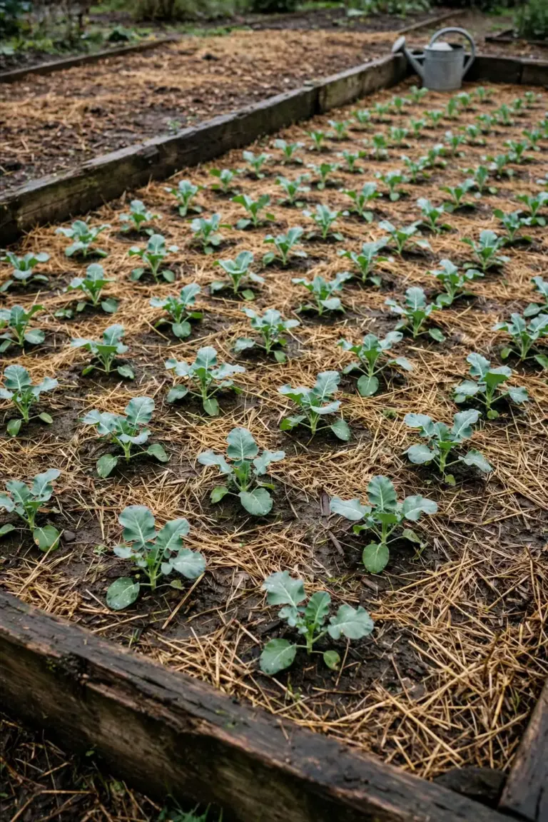 Broccoli transplants spaced evenly in a mulched garden bed