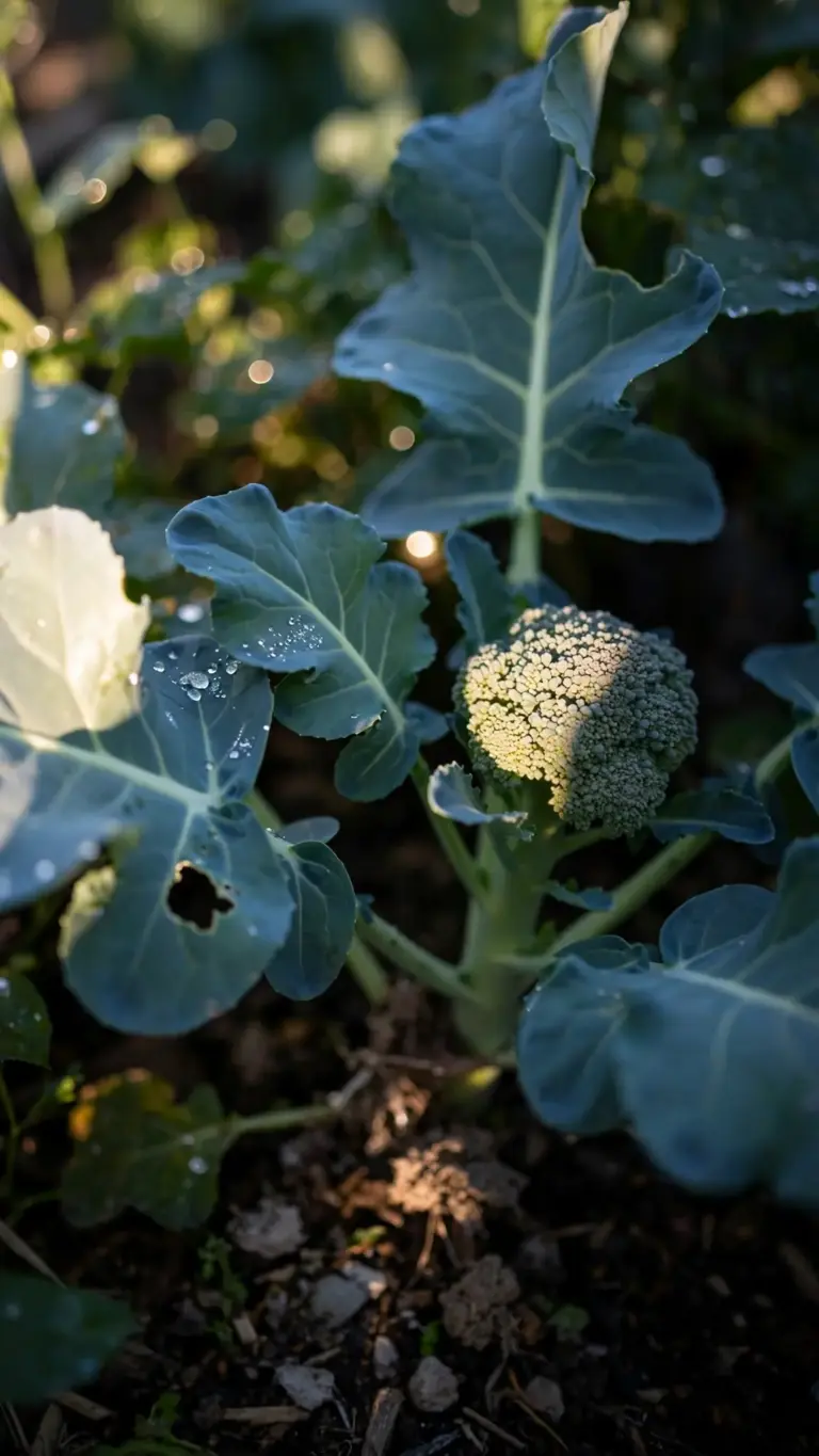 Broccoli plant with a small central head beginning to form