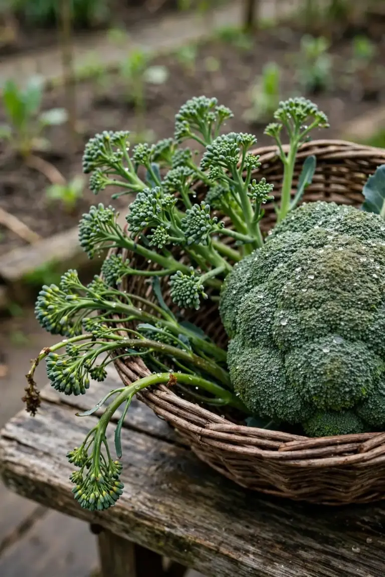 Heading broccoli, sprouting broccoli, and broccolini stems in a basket