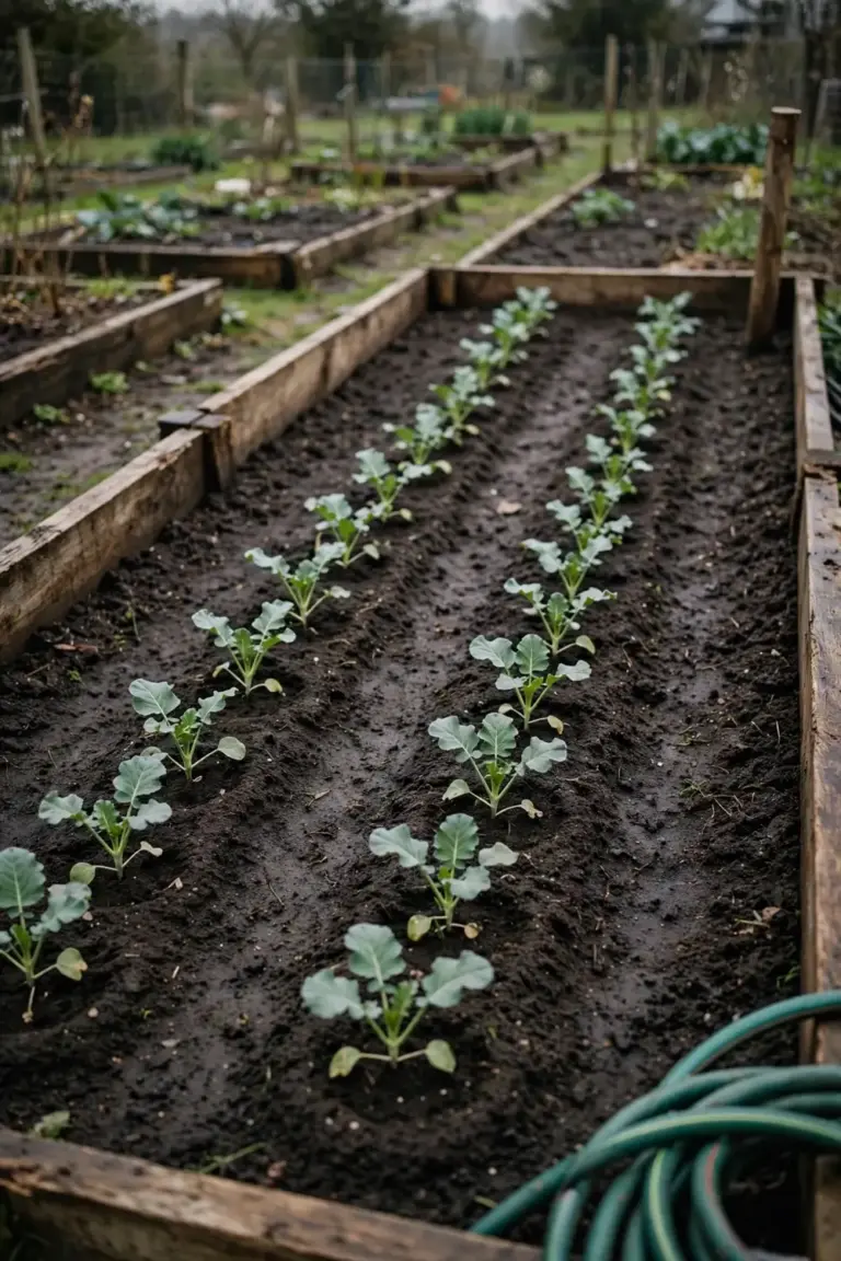 Rows of young broccoli transplants in a garden bed with a timber stake