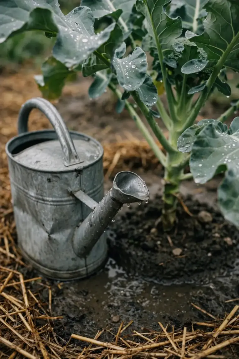 Metal watering can at the base of a broccoli plant in a garden bed