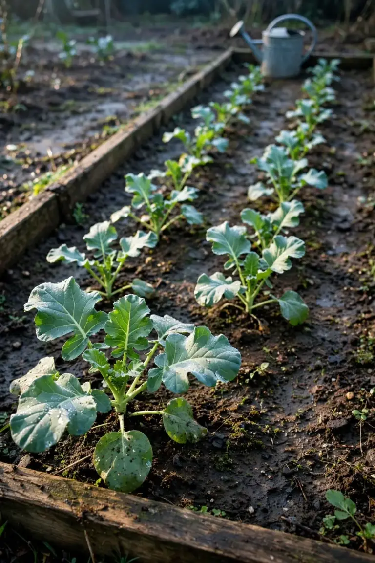 Young broccoli bed in cool weather with morning light on leaves