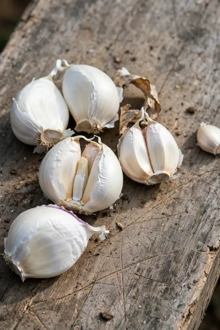 Garlic bulb broken open into separate cloves on a timber board
