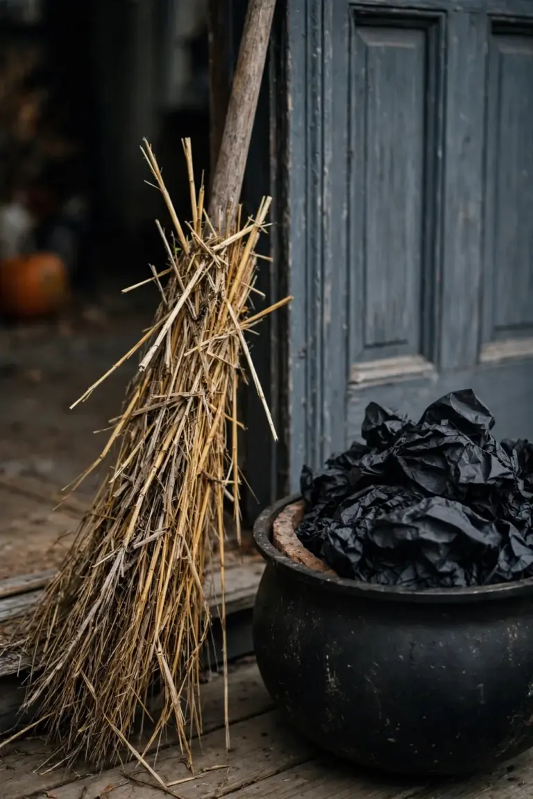 A straw broom leaning by a front door beside a black cauldron filled with crumpled black tissue