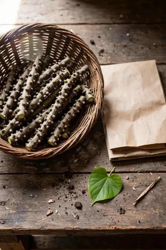 Woven basket of warty brotowali stems beside a plain paper bag